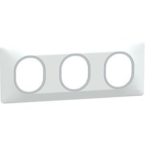 Schneider Ovalis - Plaque de finition - 3 postes Horiz - 71mm - Blanc bague Argent Chromé